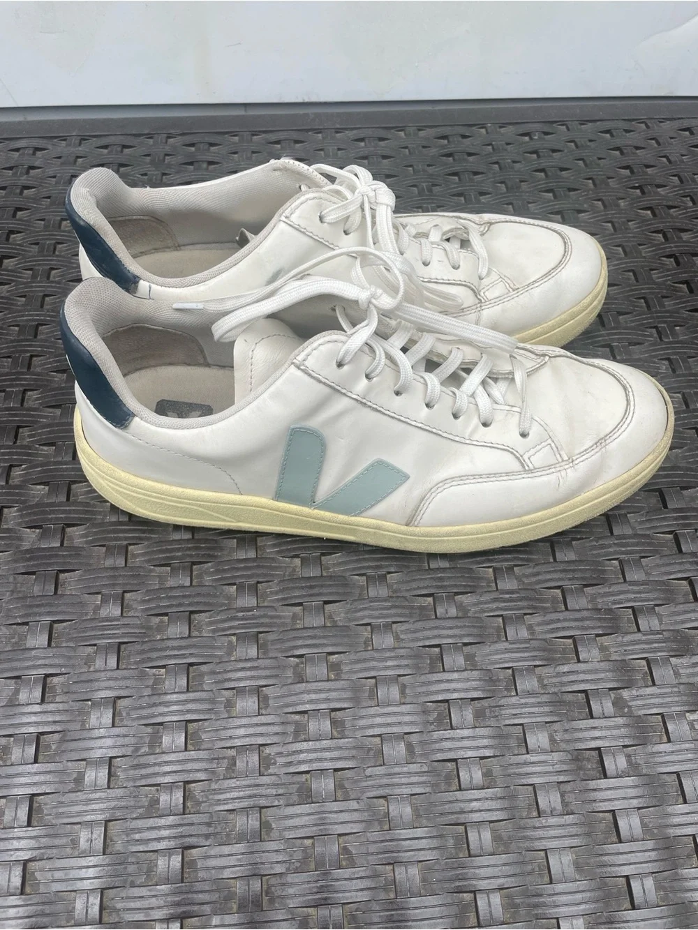 Women’s Veja V-12 White Low-Top Sneakers with Light Blue Accent Size 10